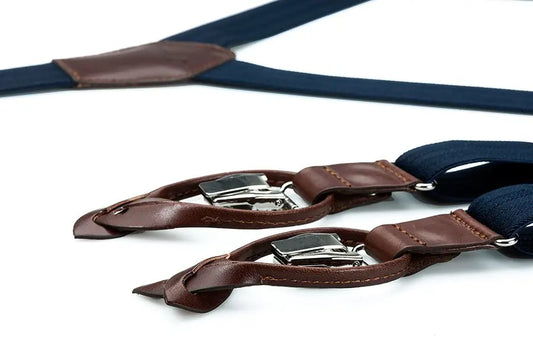 Blauwe bretels van smal elastiek en bruin leer - bretels van het merk Hein Strijker
