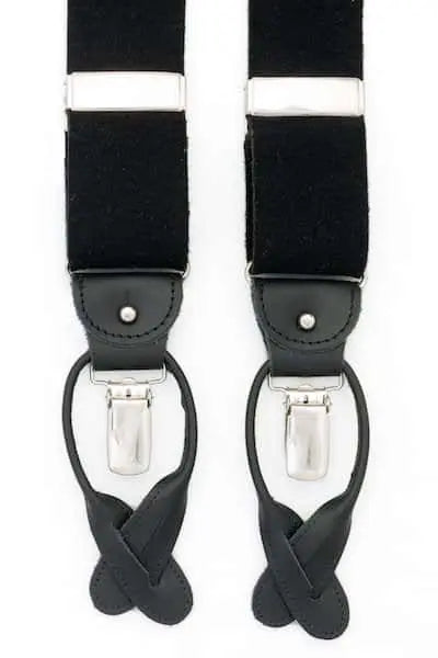 Albert Thurston - bretels - zwarte banden van boxcloth - zwart leer - Y model - clips en lussen - Heren van het merk Albert Thurston