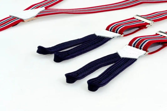 Albert Thurston 2479/44 - bretels - rood met blauw gestreepte banden van elastisch katoen - wit leer - Y model - enkel lussen - Heren van het merk Albert Thurston