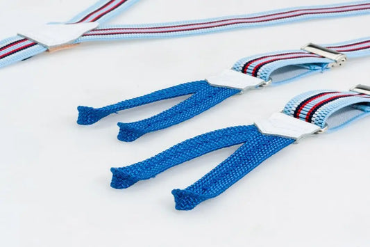 Albert Thurston 2479/46 - bretels - blauw gestreepte banden van elastisch katoen - wit leer - Y model - enkel lussen - Heren van het merk Albert Thurston