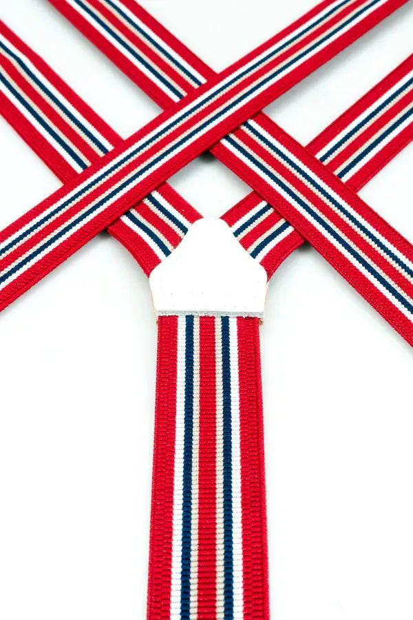 Albert Thurston 2479/44 - bretels - rood met blauw gestreepte banden van elastisch katoen - wit leer - Y model - enkel lussen - Heren van het merk Albert Thurston