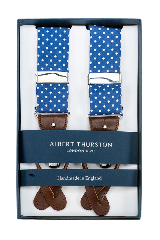 Blauwe bretels met witte stippen (polka dots) en bruin leer in verpakking - Albert Thurston