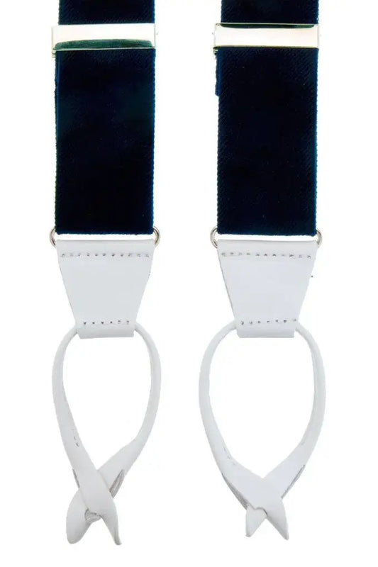 Donkerblauwe bretels met banden van elastisch canvas en luxe leren afwerking in de kleur wit - bretels van het merk Hein Strijker