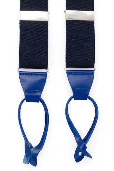Donkerblauwe bretels met banden van elastisch canvas en luxe leren afwerking in de kleur blauw - bretels van het merk Hein Strijker