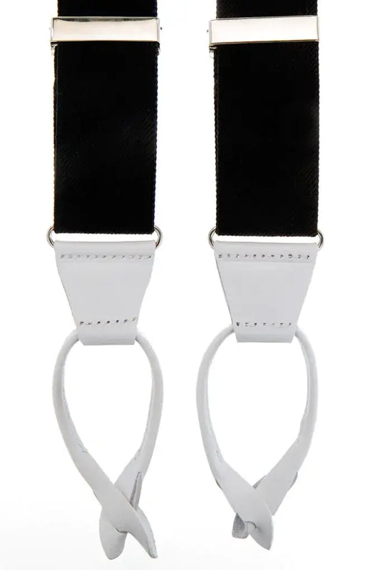 Donkerblauwe bretels met banden van elastisch canvas en luxe leren afwerking in de kleur wit - bretels van het merk Hein Strijker