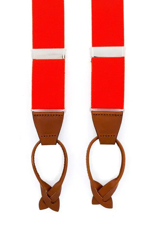 Oranje bretels met luxe leren afwerking in de kleur cognacbruin - bretels van het merk Hein Strijker