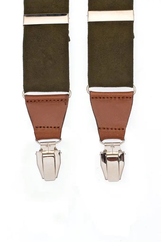 Groene bretels met banden van suède en luxe leren afwerking in de kleur bruin - bretels van het merk Hein Strijker