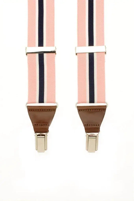 Roze bretels met blauwe streep van canvas met bruin leer - bretels van het merk Hein Strijker