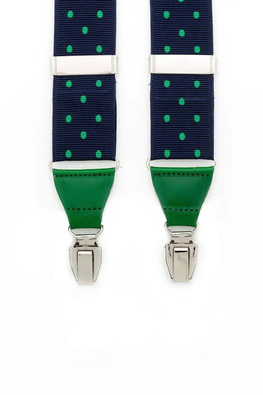 Blauwe bretels met groene stippen en groen leer - bretels van het merk Hein Strijker