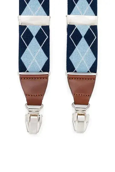 Blauw geruite bretels met bruin leer - bretels van het merk Hein Strijker