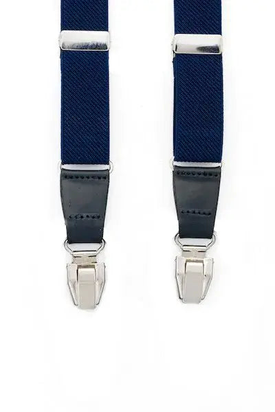 Blauwe bretels van smal elastiek en donkerblauw leer - bretels van het merk Hein Strijker