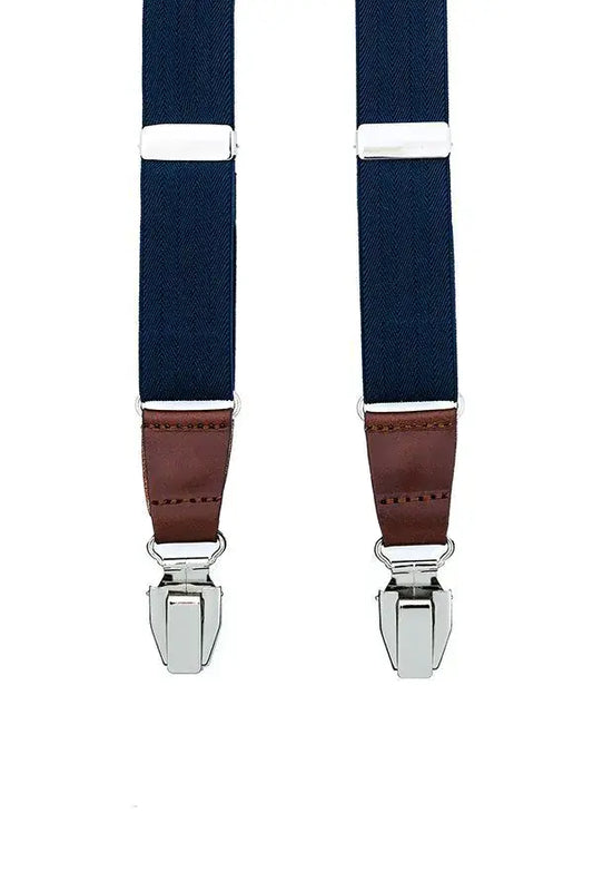 Blauwe bretels van smal elastiek en bruin leer - bretels van het merk Hein Strijker