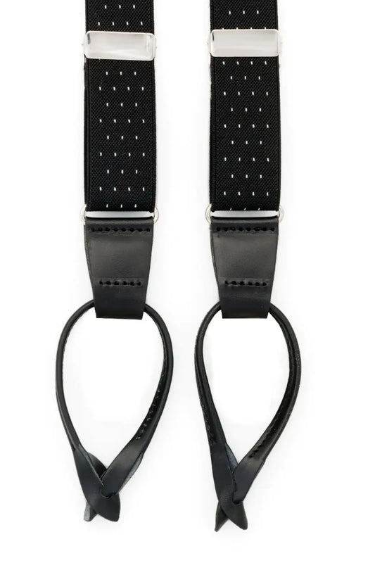 Zwarte bretels van smal elastiek met witte stipjes en zwart leer - bretels van het merk Hein Strijker