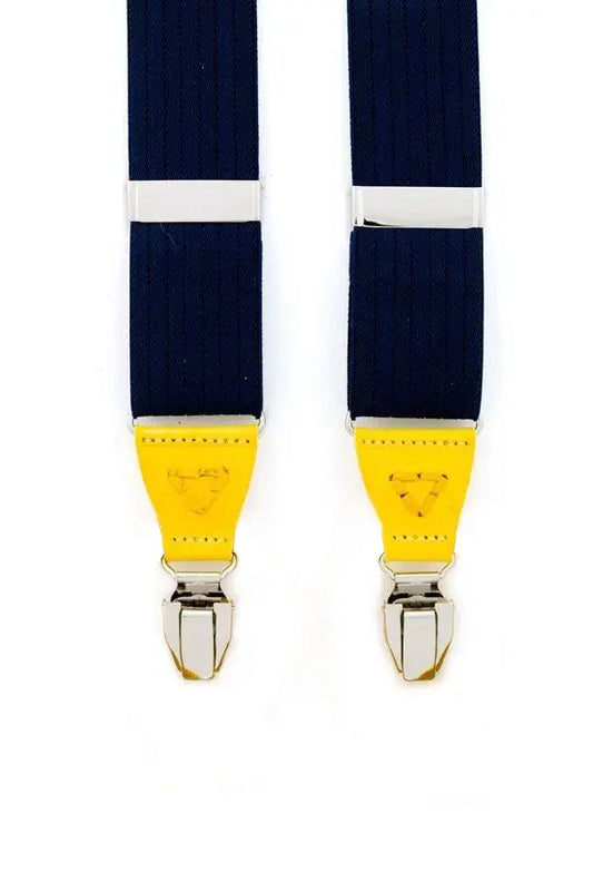 Blauwe bretels met geel leer - bretels van het merk Hein Strijker