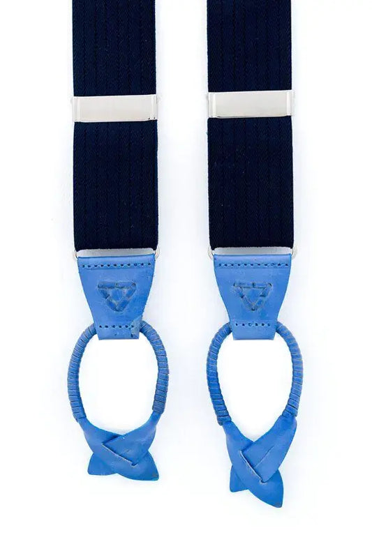 Blauwe bretels van elastiek met exclusief blauw leer - bretels van het merk Hein Strijker