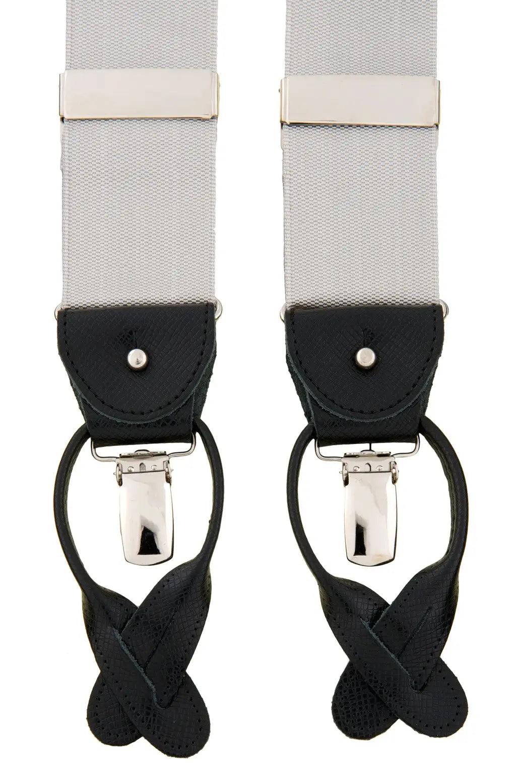 Albert Thurston 362 Plain Silver - bretels - grijze banden van canvas - zwart leer - Y model - clips en lussen - Alle van het merk Albert Thurston