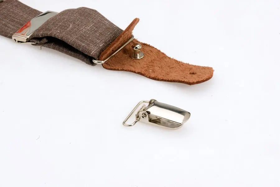 Albert Thurston 2493/11 - bretels - bruine banden van Hardy Minnis wol - bruin leer - Y model - clips en lussen - Heren van het merk Albert Thurston
