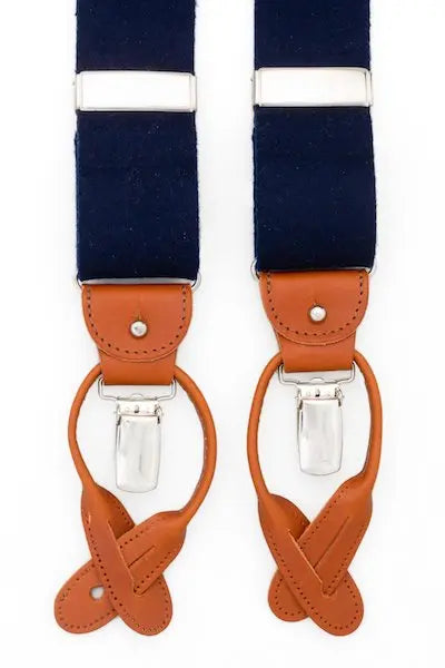 Albert Thurston navy box - bretels - blauwe banden van boxcloth - bruin leer - Y model - clips en lussen - Heren van het merk Albert Thurston