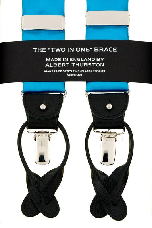Albert Thurston Aqua Satin - bretels - blauwe banden van satijn - zwart leer - Y model - clips en lussen - Bretels.nl