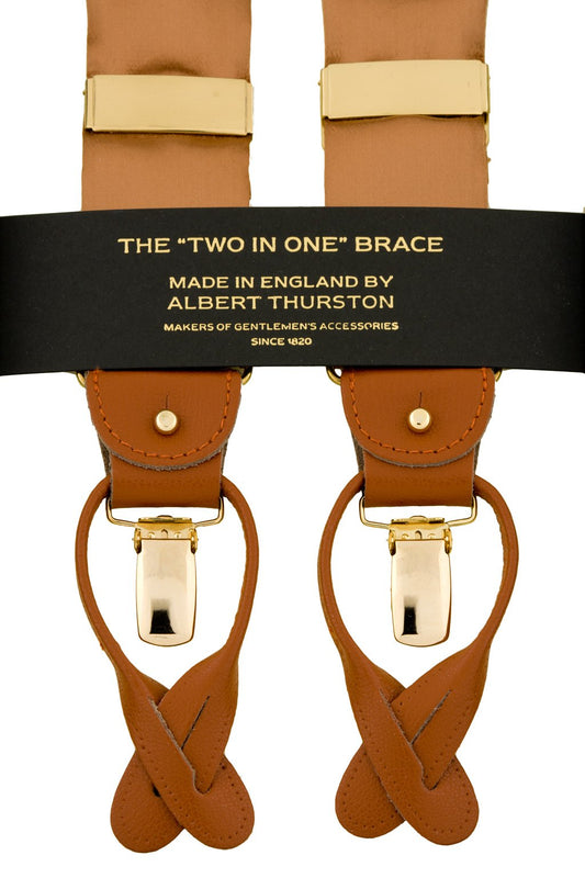 Albert Thurston Gold Brown Satin - bretels - bruine banden van satijn - bruin leer - Y model - clips en lussen - Bretels.nl