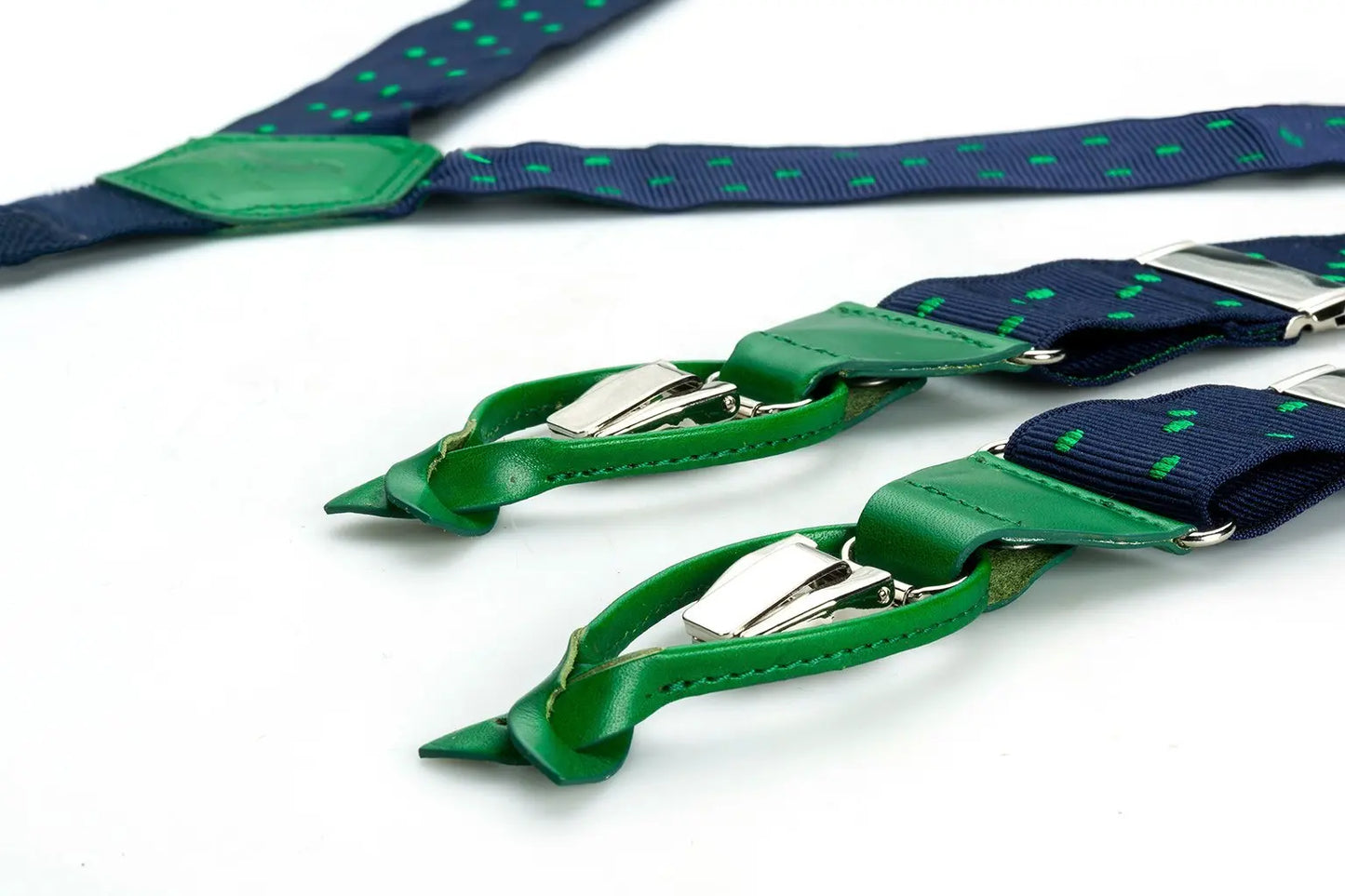 Blauwe bretels met groene stippen en groen leer - bretels van het merk Hein Strijker
