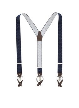 Blauwe bretels met witte stipjes en bruin leer in exclusieve uitvoering - Bretels.nl