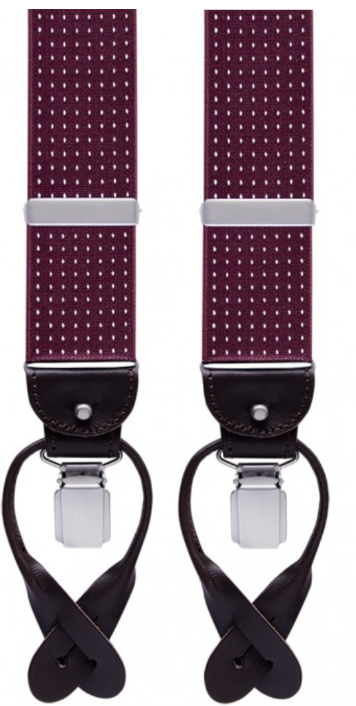 Bordeaux bretels met witte stipjes en bruin leer in chique uitvoering - Bretels.nl