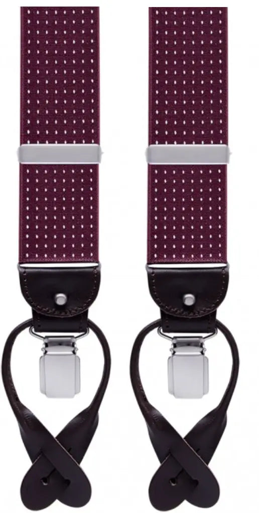 Bordeaux bretels met witte stipjes en bruin leer in chique uitvoering - Alle van het merk Profuomo