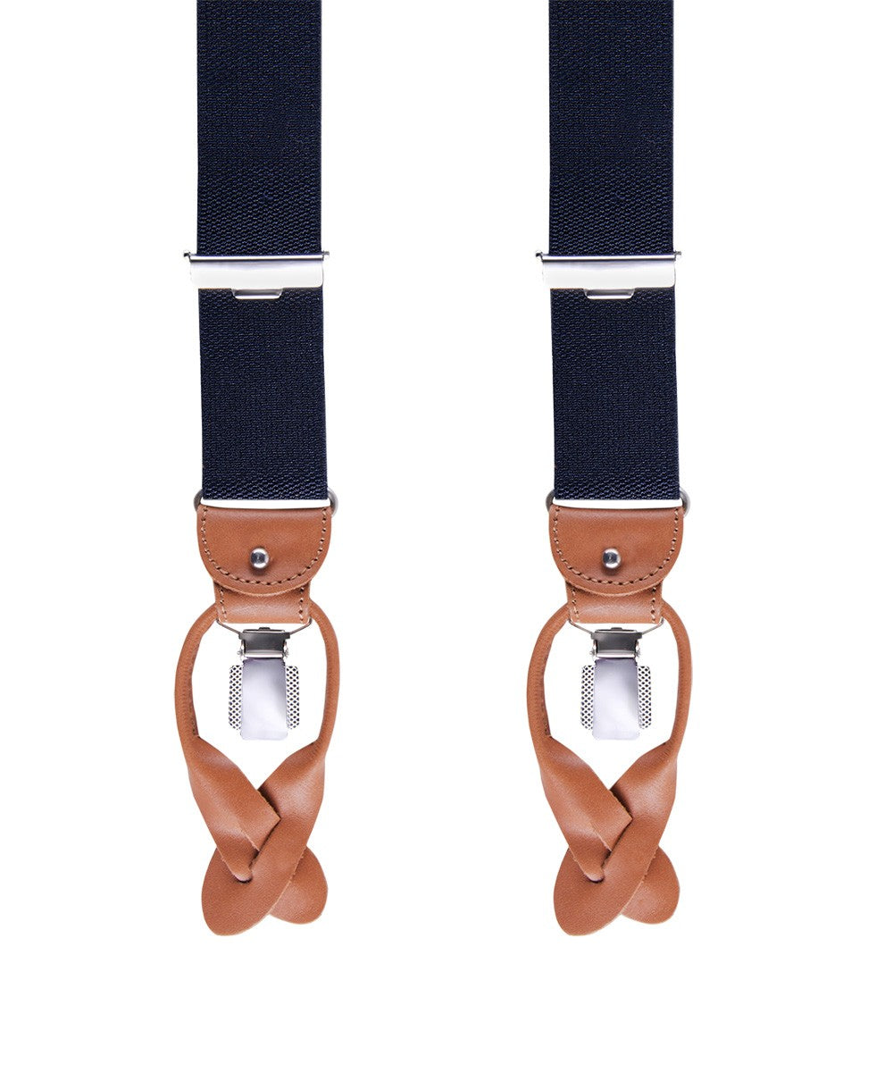 Donkerblauwe bretels met lichtbruin leer in exclusieve uitvoering - Bretels.nl