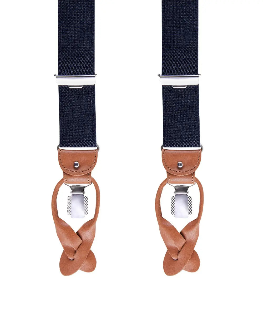 Donkerblauwe bretels met lichtbruin leer in exclusieve uitvoering - Heren van het merk Profuomo