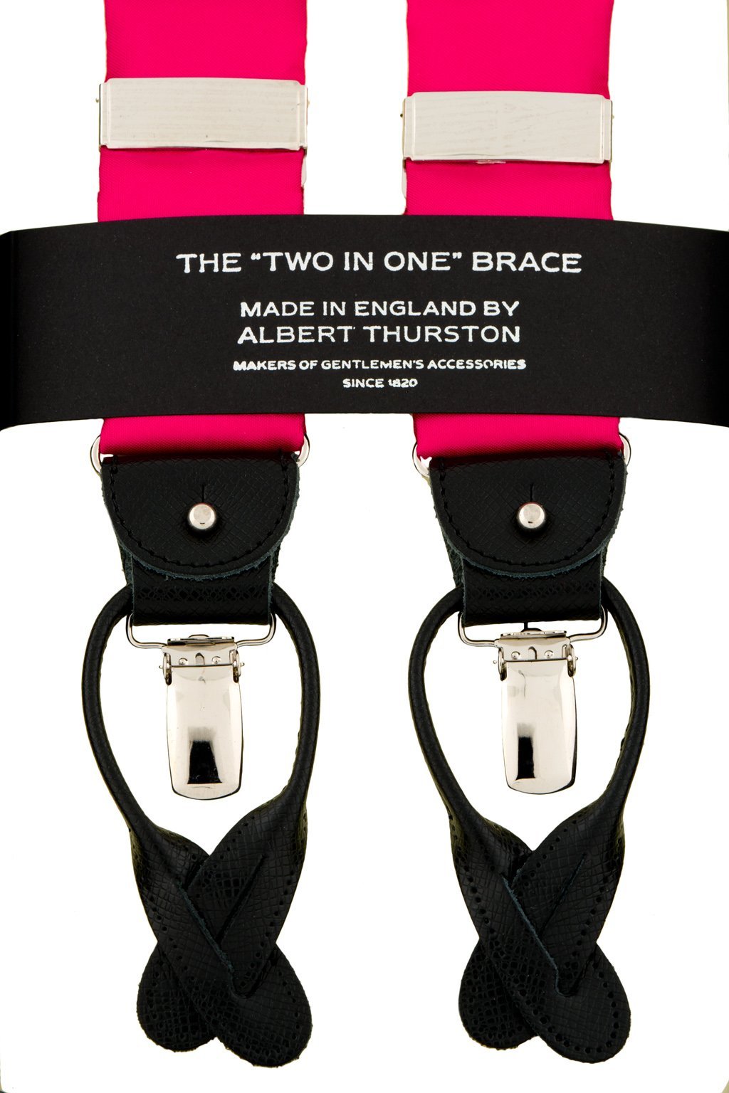 Albert Thurston Roze - bretels - roze banden van satijn - zwart leer - Y model - clips en lussen - Bretels.nl