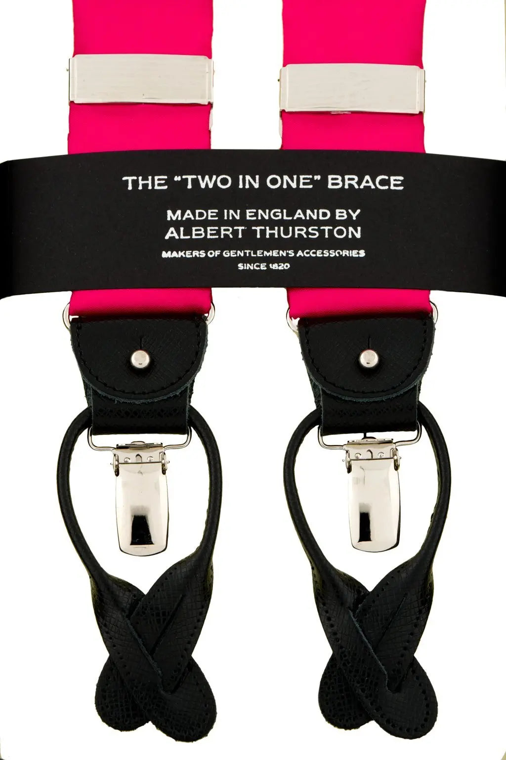 Albert Thurston Roze - bretels - roze banden van satijn - zwart leer - Y model - clips en lussen - Bruiloft van het merk Albert Thurston