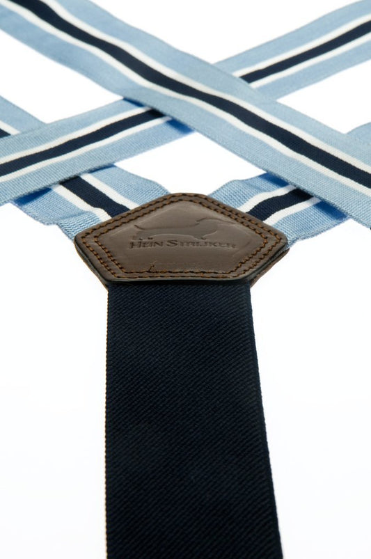 Lichtblauwe bretels met blauwe streep van canvas met bruin leer - Bretels.nl