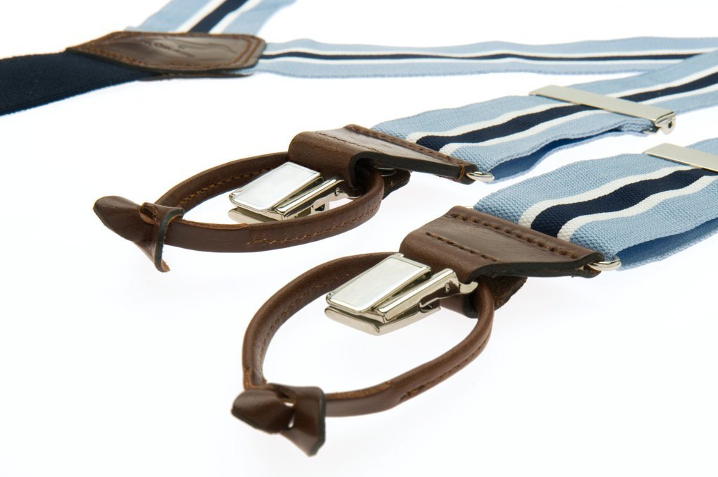 Lichtblauwe bretels met blauwe streep van canvas met bruin leer - Bretels.nl