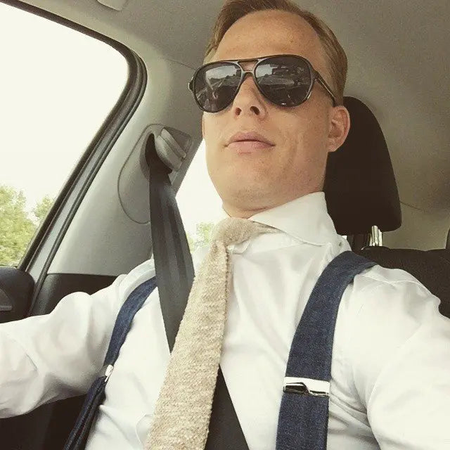 Albert Thurston Denim - bretels - blauwe banden - bruin leer - Y model - clips en lussen - Bruiloft van het merk Albert Thurston