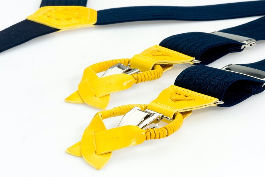 Blauwe bretels met geel leer - Bretels.nl