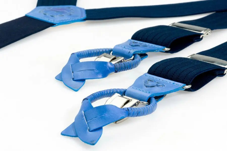 Blauwe bretels van elastiek met exclusief blauw leer - bretels van het merk Hein Strijker