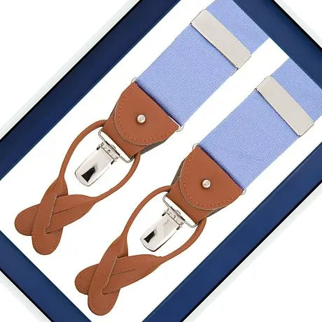 Albert Thurston Crayon Blue - bretels - lichtblauwe banden - bruin leer - Y model - clips en lussen - Heren van het merk Albert Thurston