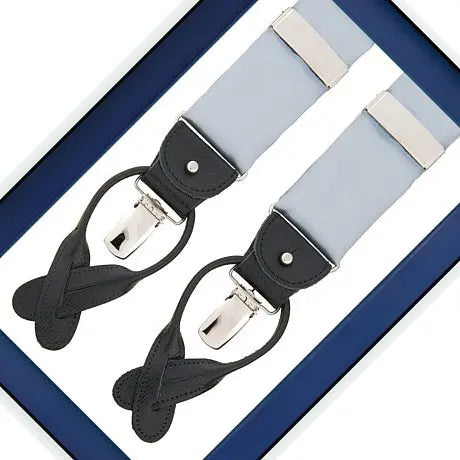 Albert Thurston Grey Satin - bretels - grijze banden van satijn - zwart leer - Y model - clips en lussen - Bruiloft van het merk Albert Thurston