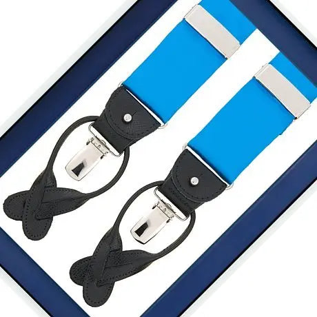 Albert Thurston Aqua Satin - bretels - blauwe banden van satijn - zwart leer - Y model - clips en lussen - Bruiloft van het merk Albert Thurston