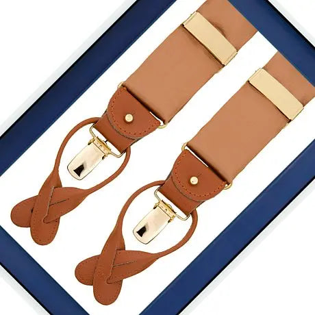 Albert Thurston Gold Brown Satin - bretels - bruine banden van satijn - bruin leer - Y model - clips en lussen - Bruiloft van het merk Albert Thurston