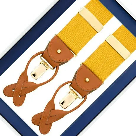 Albert Thurston Gold Canvas - bretels - goudkleurige banden van canvas - bruin leer - Y model - clips en lussen - Bruiloft van het merk Albert Thurston