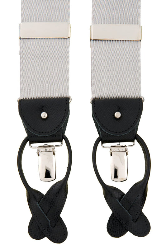 Albert Thurston 362 Plain Silver - bretels - grijze banden van canvas - zwart leer - Y model - clips en lussen - Bretels.nl