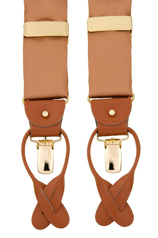 Albert Thurston Gold Brown Satin - bretels - bruine banden van satijn - bruin leer - Y model - clips en lussen - Bretels.nl