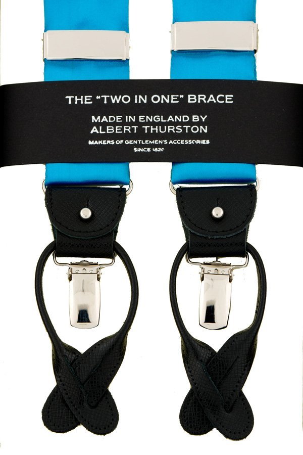 Albert Thurston Aqua Satin - bretels - blauwe banden van satijn -  zwart leer - Y model - clips en lussen