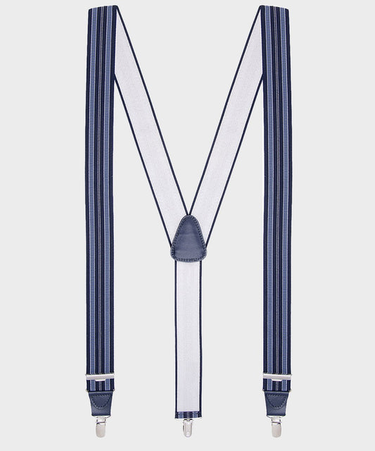Blauwe bretels van elastiek met strepen en robuuste clips - Bretels.nl