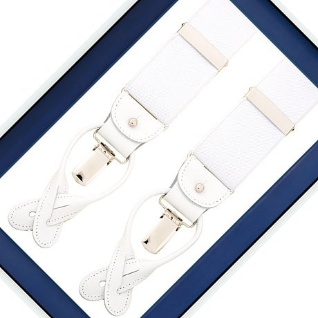 Albert Thurston White R - bretels - witte banden van elastiek - wit leer - Y model - clips en lussen - Bretels.nl