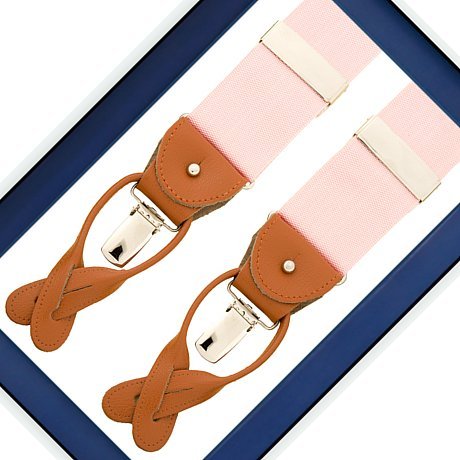 Albert Thurston 1585 - bretels - roze banden van canvas - cognac leer - Y model - clips en lussen - Bretels.nl